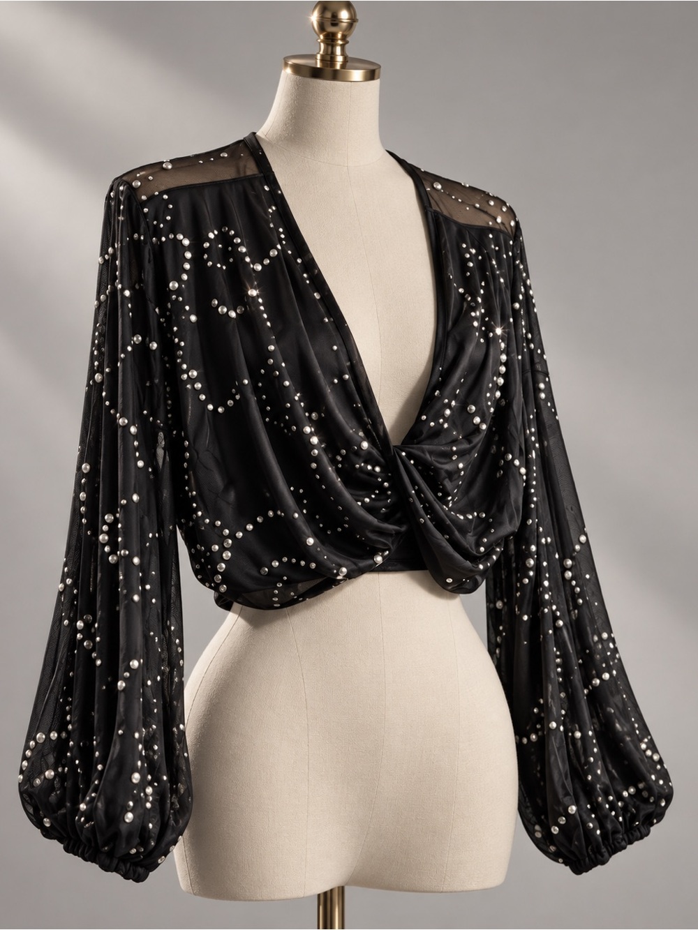 Black Pearl-Embellished Twist Front Women's Top